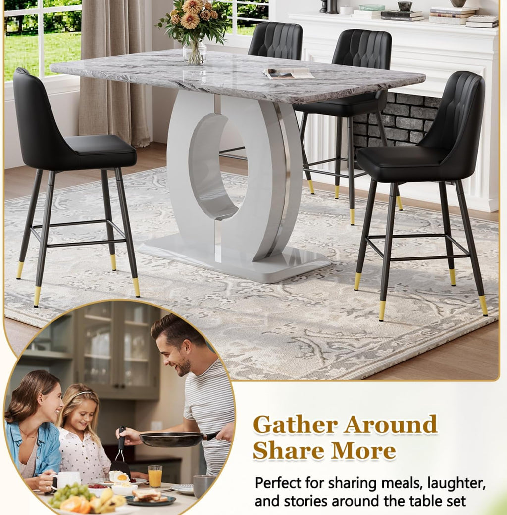 63'' Marble Dining Table Set for 6,Modern Counter Height Dining Table Set,Grey High Top Table with Leather Bar Stools,Bar Height Table Set Ideal for Dining,Pub,Kitchen