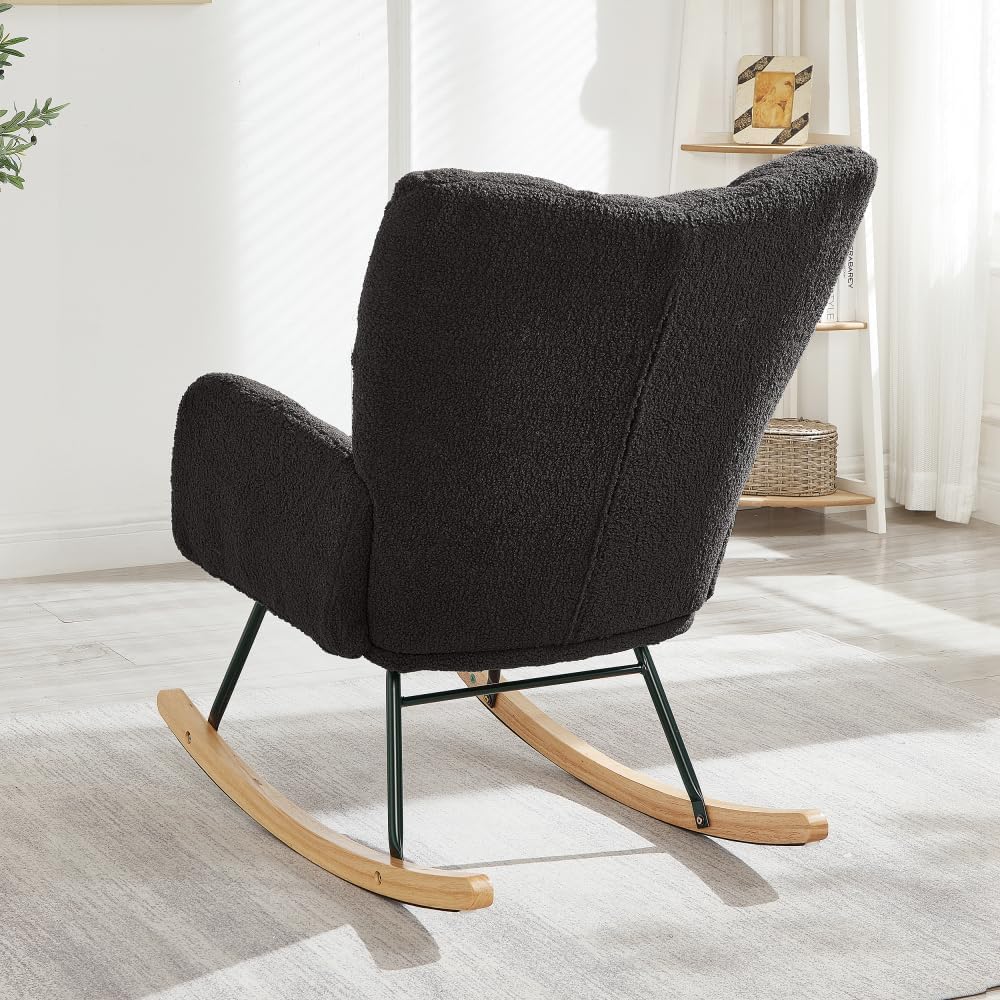 Tufted Upholstered Teddy Fabric Rocking Chair with Metal Frame Accent Chair Ivory White (Dark Gray + Teddy)