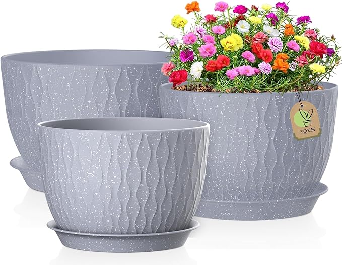12/10/9 Inch Plant Pots, 3 Pack Large Flower Pots for Indoor and Outdoor Plants with Water Ripples, Large Plastic Flower Pots with Drainage Holes and Tray for Garden Indoor Plants