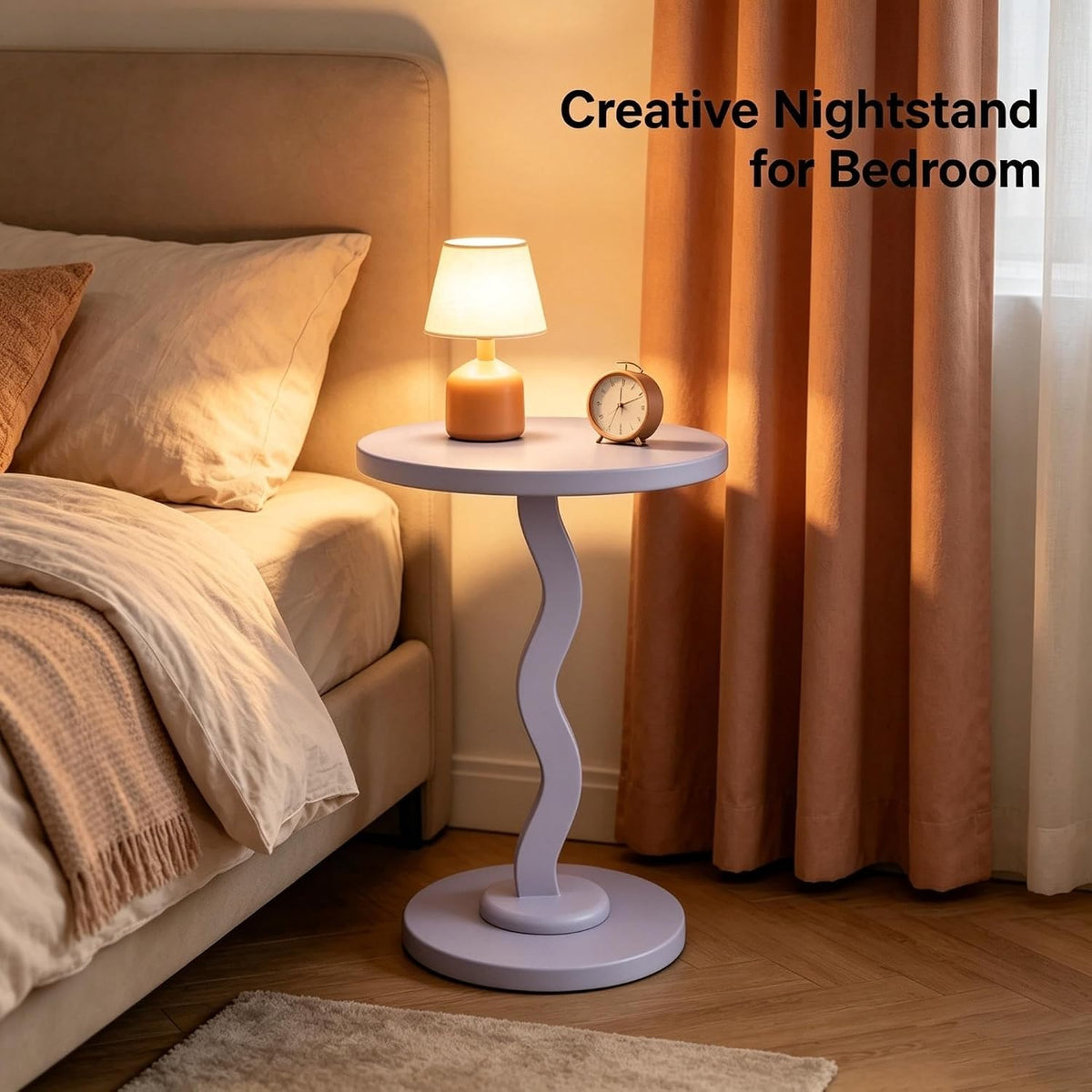 Rubberwood Side Table with Satin Finish, Unique Wavy Silhouette, Sturdy Load-Bearing Tabletop and Smooth Polished Edges, Requires Simple Assembly(Lightpurple)