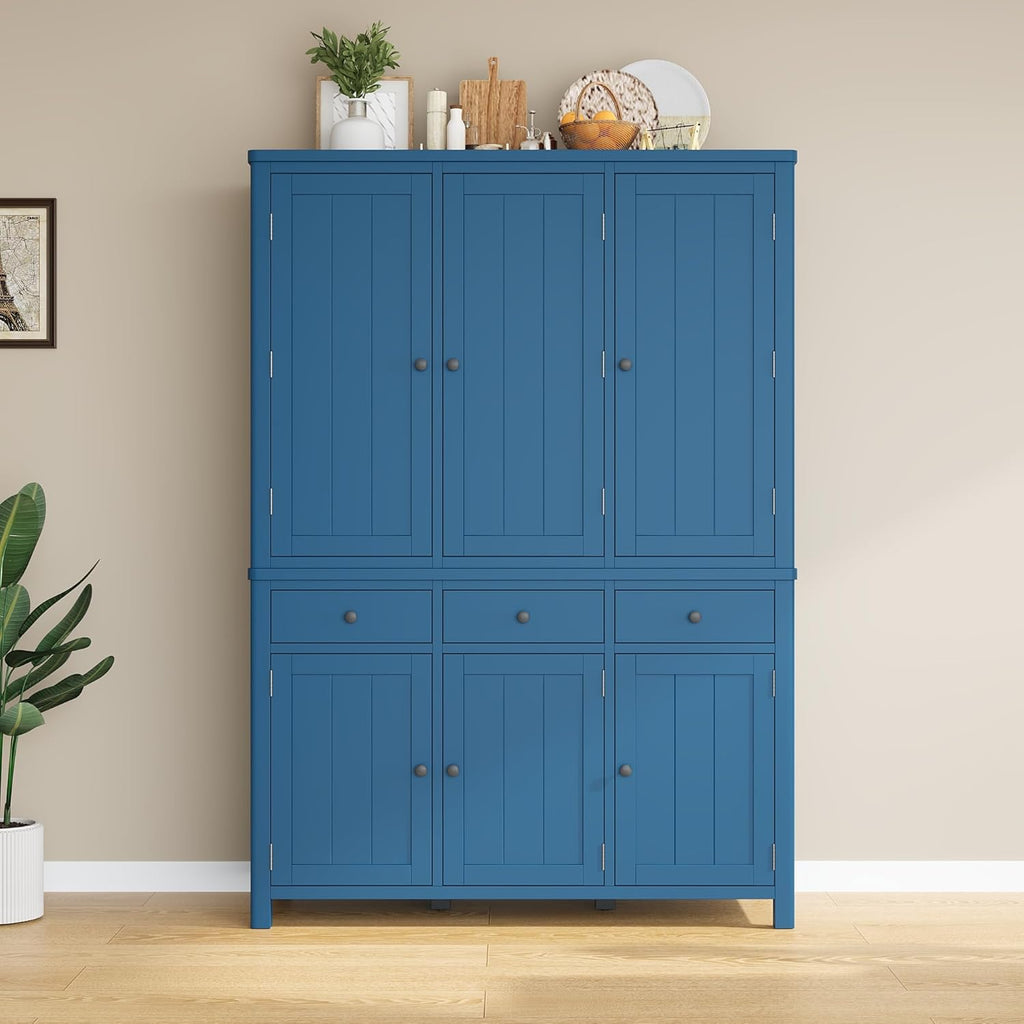 Merax 74.8'' Tall Kitchen Pantry Storage Cabinet with 6 Doors, 3 Drawers and Adjustable Shelves, Freestanding Large Cupboard & Pull-Out Trays for Kitchen, Dining Room, Living Room, Blue
