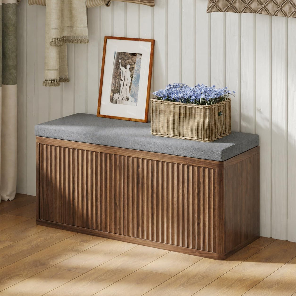 Entryway Shoe Storage Bench with 2" Cushion, 37.4" Small Bench with Shoe Rack, Cabinet Organizer for Hallway, Bedroom End of Bed (Walnut)