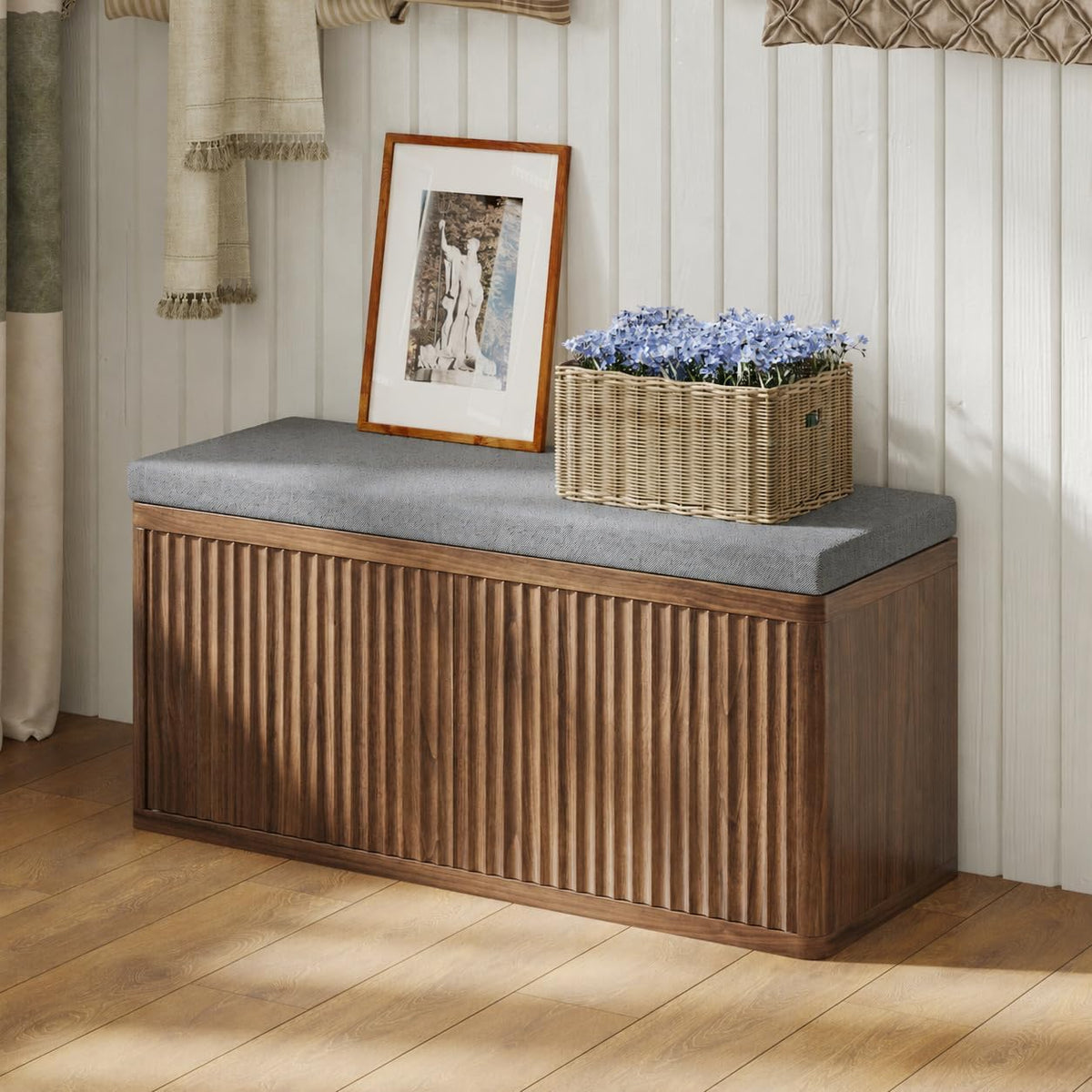 Shoe Cabinet Bench with Cushion,Double Layered Wooden Shoe Bench with Soft Cushion,Shoe Rack for Entryway,Bedroom,Living Room (Walnut Sturdy Entryway Bench)