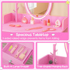 Costzon Kids Vanity, Girls Vanity Set with Mirror and Stool and Lights, Drawer, Jewelry Rack, 2 in 1 Wooden Princess Makeup Desk Dressing Table, Kids Vanity Table and Chair Set (Pink)