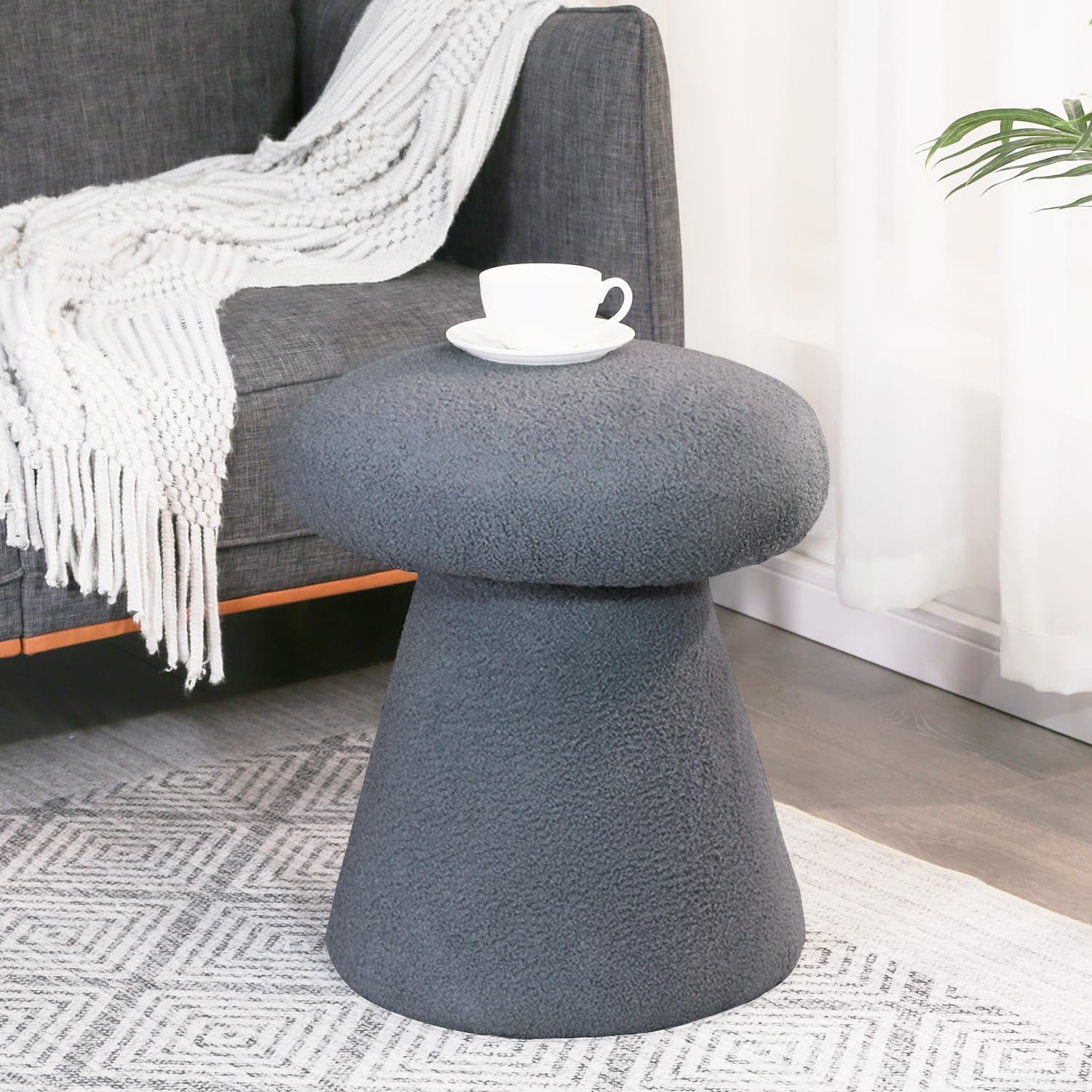 Mushroom Ottoman, 18” Boucle Foot Stool for Living Room & Bedroom, Cute Vanity Stool, Accent Footrest for Entryway, No Assembly Required, Gray