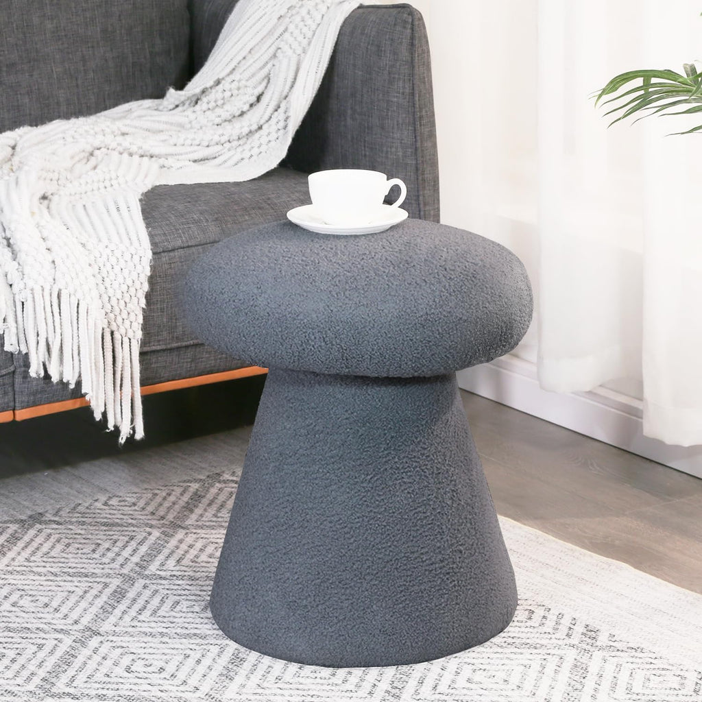 Homebeez Mushroom Ottoman Foot Stool, 18 inch Teddy Fleece Small Footrest, Round Sherpa Pouf for Living Room, Bedroom, Cute Modern Accent Seating, Slate Gray