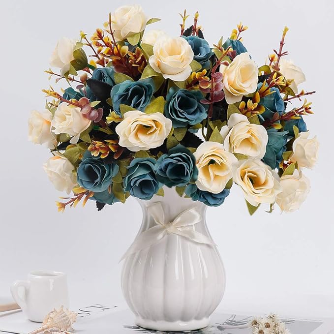 LESING Artificial Fake Flowers with Vase Silk Artificial Roses Wedding Flowers Bouquets Home Office Party Meeting Room Decoration (Blue-1)