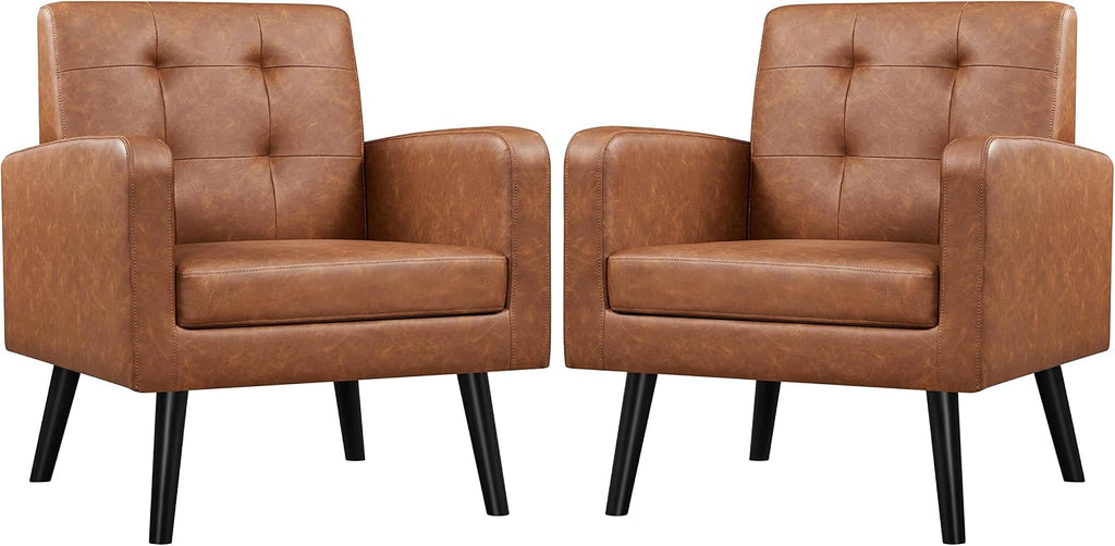 Yaheetech Mid Century Accent Chairs Set of 2 Living Room Chairs Retro Brown | Faux Leather Upholstered Sillones Para Sala, Modern Reading Nook Chairs, Button Tufted Back, Rubberwood Legs, Bedroom Office