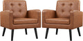 Yaheetech Mid Century Accent Chairs Set of 2 Living Room Chairs Retro Brown | Faux Leather Upholstered Sillones Para Sala, Modern Reading Nook Chairs, Button Tufted Back, Rubberwood Legs, Bedroom Office