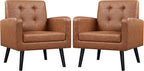Yaheetech Mid Century Accent Chairs Set of 2 Living Room Chairs Retro Brown | Faux Leather Upholstered Sillones Para Sala, Modern Reading Nook Chairs, Button Tufted Back, Rubberwood Legs, Bedroom Office