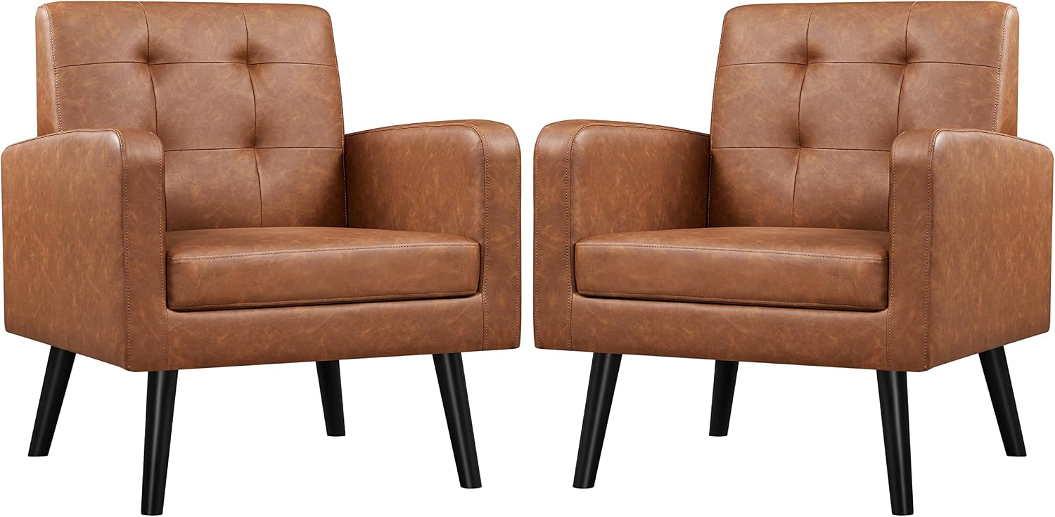 Yaheetech Mid Century Accent Chairs Set of 2 Living Room Chairs Retro Brown | Faux Leather Upholstered Sillones Para Sala, Modern Reading Nook Chairs, Button Tufted Back, Rubberwood Legs, Bedroom Office