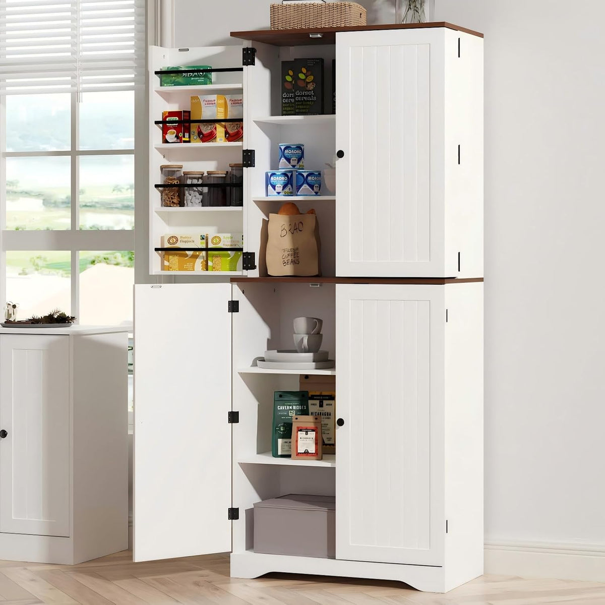 Furnify 72" Tall Kitchen Pantry Cabinet with Door Organizer, White | Farmhouse Rustic Tall Buffet Cabinet with Adjustable Shelves, Freestanding Storage Cupboard for Kitchen Dining Room Bathroom