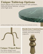 Adjustable Height Round Pedestal Table - 22-30 Inch, Modern Martini Cocktail End Table with Natural Travertine Top & Antique Brass Base for Small Spaces Living Room, Bedroom (Green Marble)