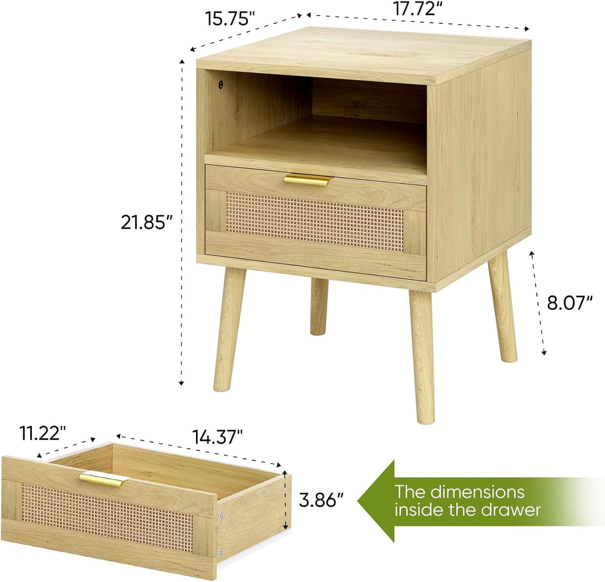 Smart Rattan Nightstand, Boho Side Table with Drawer Open Shelf, Wood Accent Bedside End Table for Small Places, Bedroom, Natural Oak