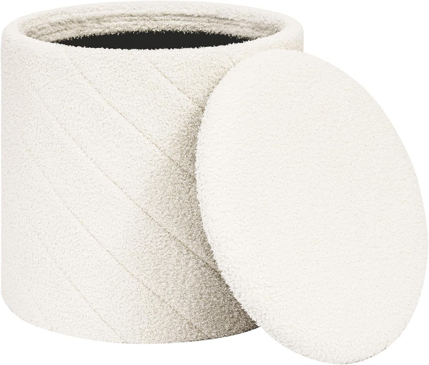 PINPLUS Ottoman with Stroage Round Boucle Ottoman and Tray Sherpa Removable Foot Stool Coffee Table for Dorm, Living Room White, 16.9"x16.9"x17.7"