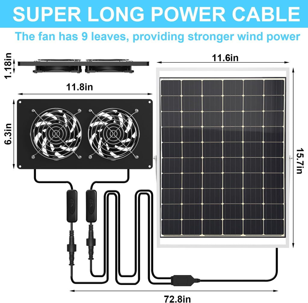 25W Solar Powered Dual Metal Shell Fan Kit, IPX7 Waterproof Monocrystalline Solar Panel Intake Exhaust Fans for Chicken Coops, Greenhouses, Sheds, Dog Houses, and Windows Ventilation and Plug & Play
