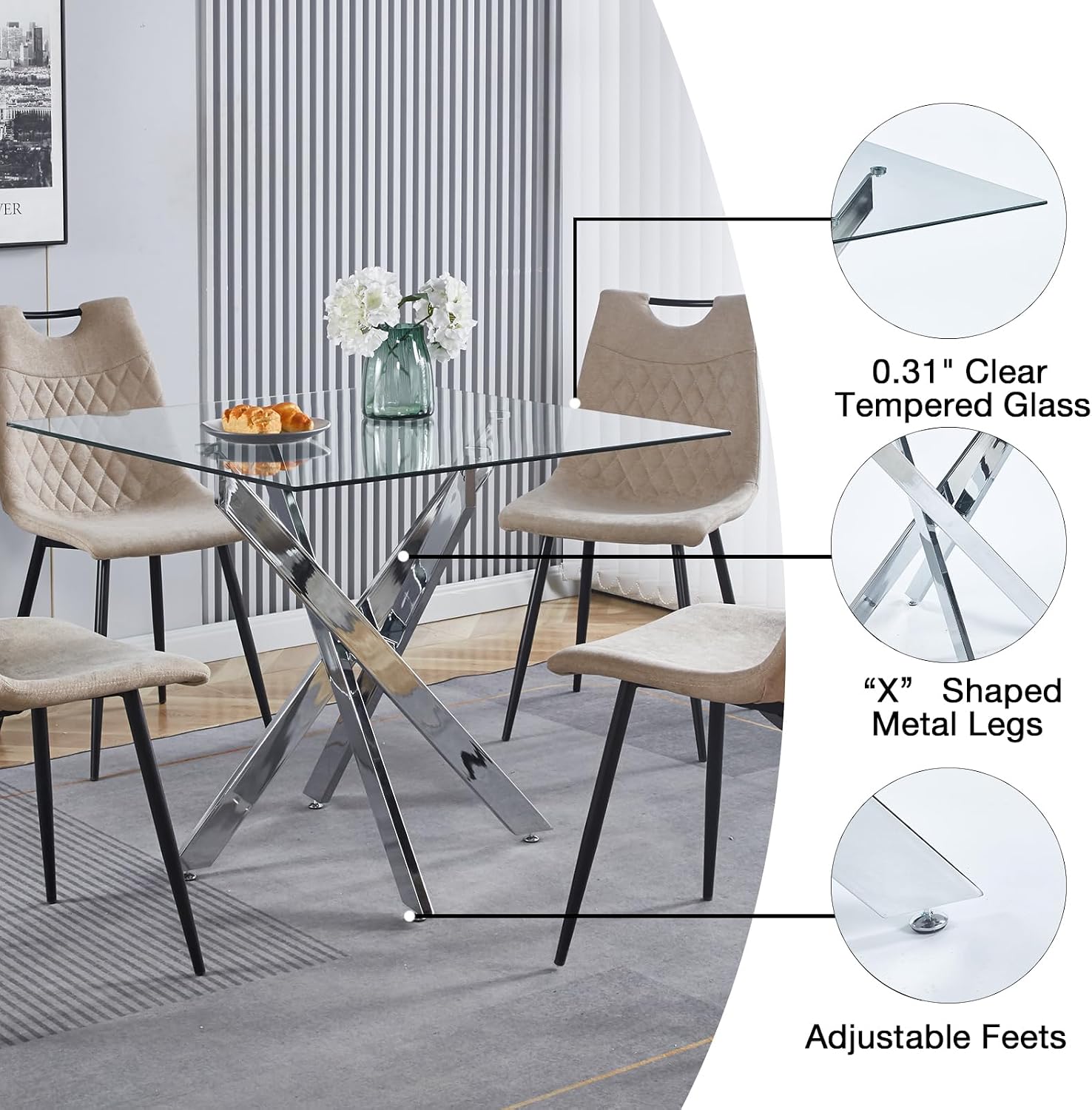 5-Piece Dining Room Table Set, Modern 36" Square Silver Glass Dining Table Set for 4, Kitchen and Dining Table Set with 4 Grey PU Leather Dining Chairs for Dining Room Kitchen