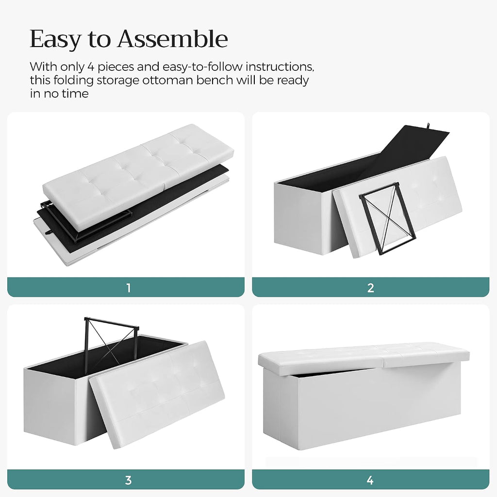 SONGMICS 43.3 Inches Folding Storage Ottoman Bench with Flipping Lid | Storage Chest Footrest Padded Seat, Iron Frame Support, Cloud White and Ink Black, MINOTA Collection ULSF75WT