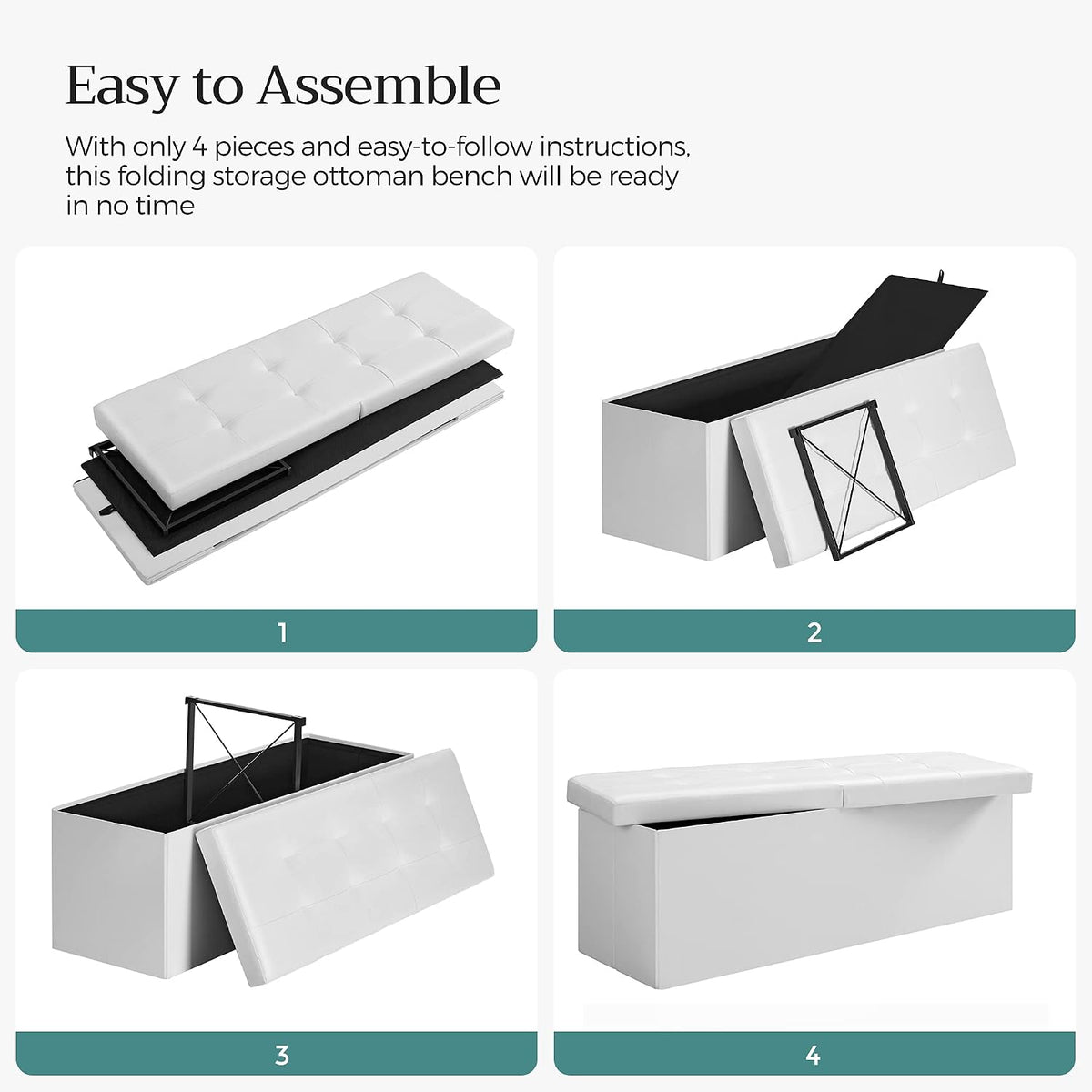 SONGMICS 43.3 Inches Folding Storage Ottoman Bench with Flipping Lid | Storage Chest Footrest Padded Seat, Iron Frame Support, Cloud White and Ink Black, MINOTA Collection ULSF75WT