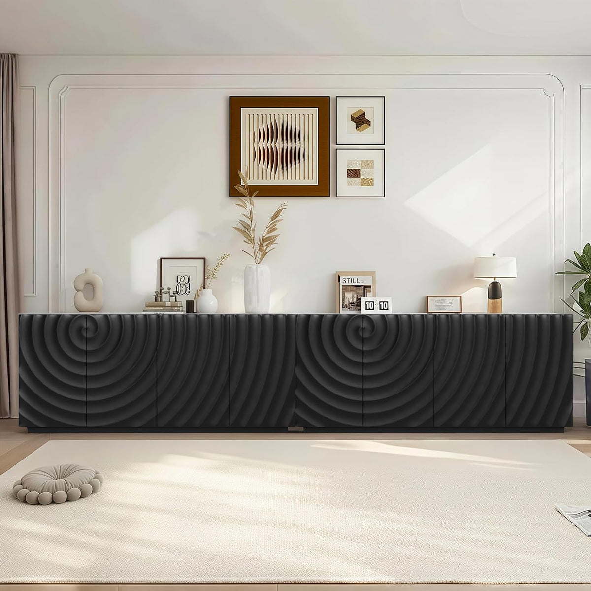 LKTART 59" Sideboard Buffet Cabinet with Storage, 4 Doors Modern Accent Storage Sideboard, Floor Cabinet Buffet with Spiral Grain for Kitchen, Living Room (Black)