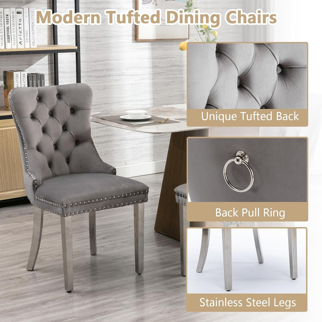 5 Piece Glass Dining Table Set Modern Small Glass Dining Table Set for 4, 35.43" Square Kitchen Table and 4 Velvet Upholstered Chairs for Kitchen Dining Room, Silver & Grey