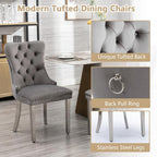 5 Piece Glass Dining Table Set Modern Small Glass Dining Table Set for 4, 35.43" Square Kitchen Table and 4 Velvet Upholstered Chairs for Kitchen Dining Room, Silver & Grey
