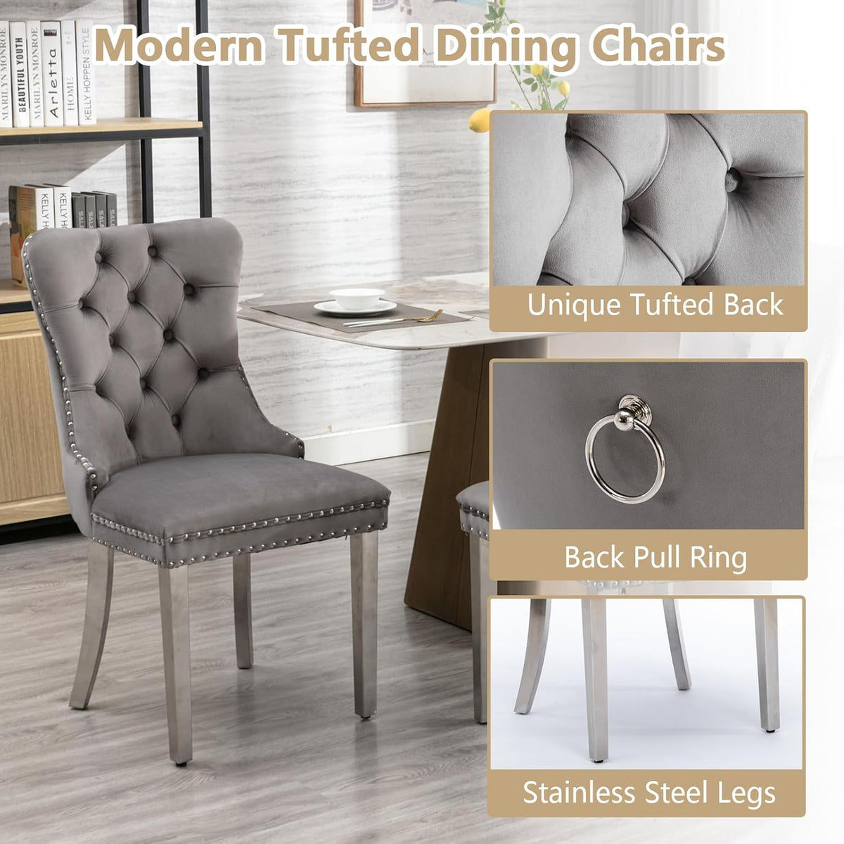 5 Piece Glass Dining Table Set Modern Small Glass Dining Table Set for 4, 35.43" Square Kitchen Table and 4 Velvet Upholstered Chairs for Kitchen Dining Room, Silver & Grey