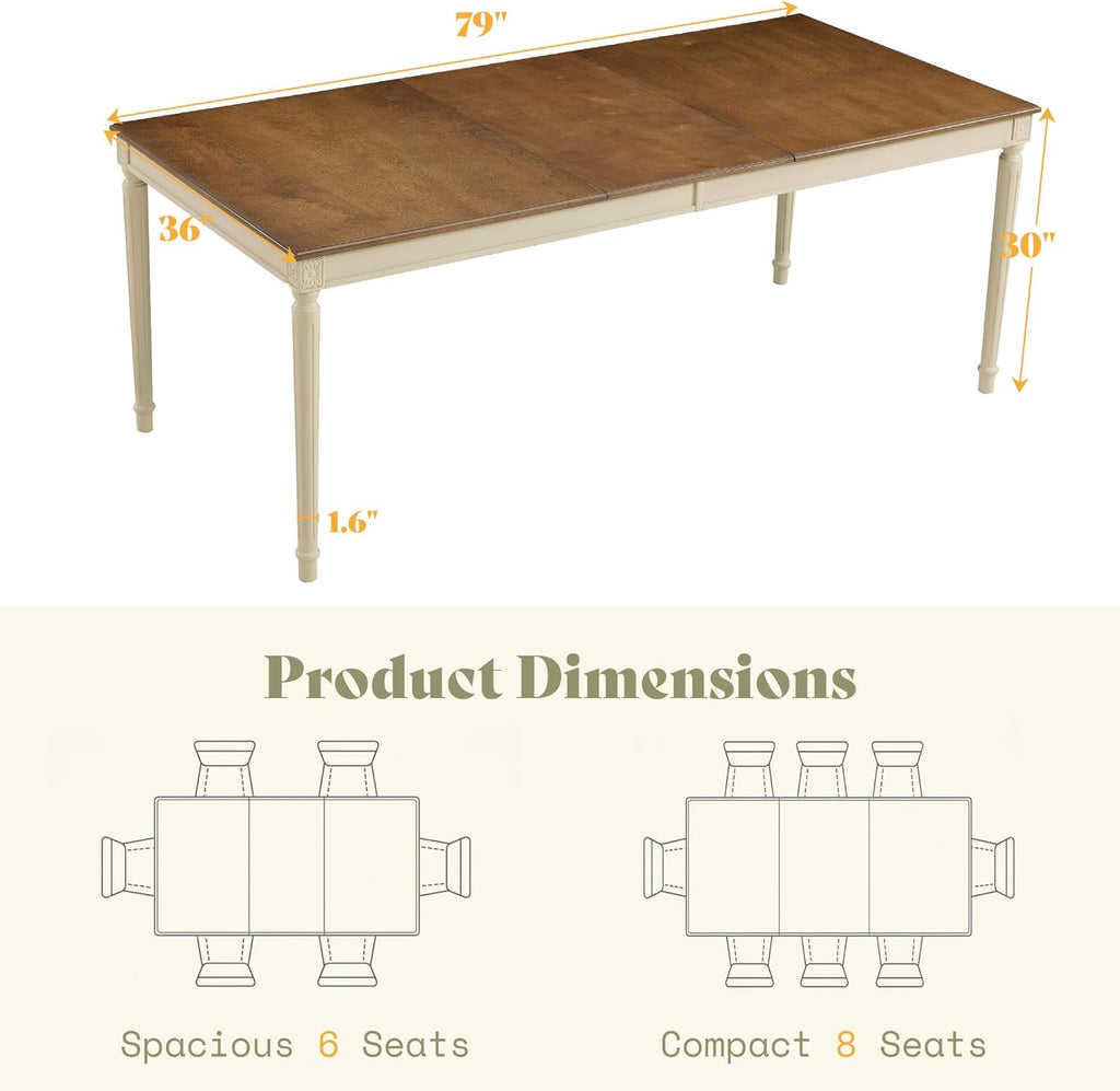 AMERLIFE 79 Inch Farmhouse Dining Table for 6 to 8, Large Rectangular Solid Wood Kitchen Dining Table with Roman Conical Legs, Rustic Dining Room Table for Family Gatherings, Rustic Cream