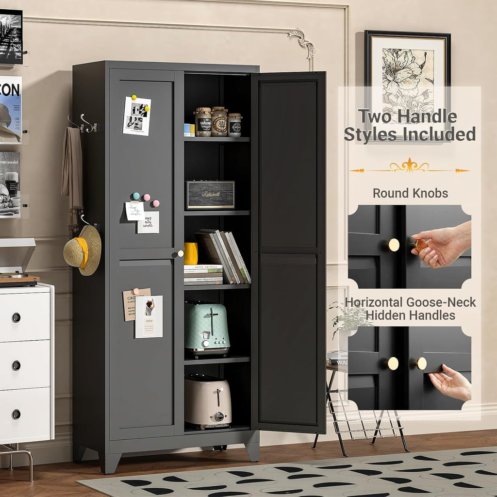 75" Metal Kitchen Pantry Cabinet with Dual Opening Design, Tall Storage Cabinet with Large Capacity, Freestanding Cupboard,Ideal for Small Space Organization, Black