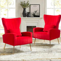 Velvet Accent Arm Chair, Mid-Century Modern Living Room Chair, Wingback Bedroom Side Chair with Gold Legs & Pillow, Button-Tufted, Red