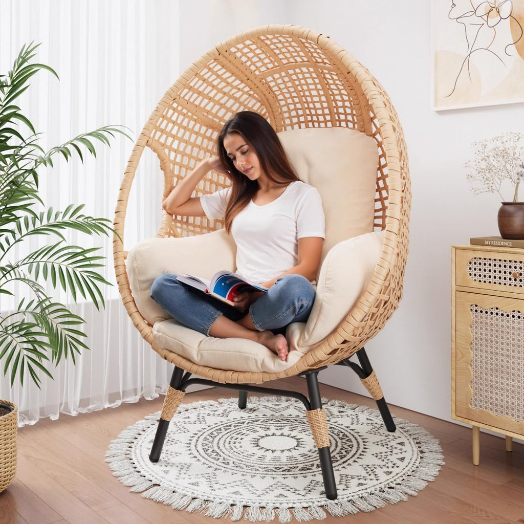 Oversized Wicker Egg Chair Outdoor Indoor Rattan Patio Egg Lounge Chairs with Cushion 500lbs Capacity for Living Room, Balcony, Backyard(Beige)