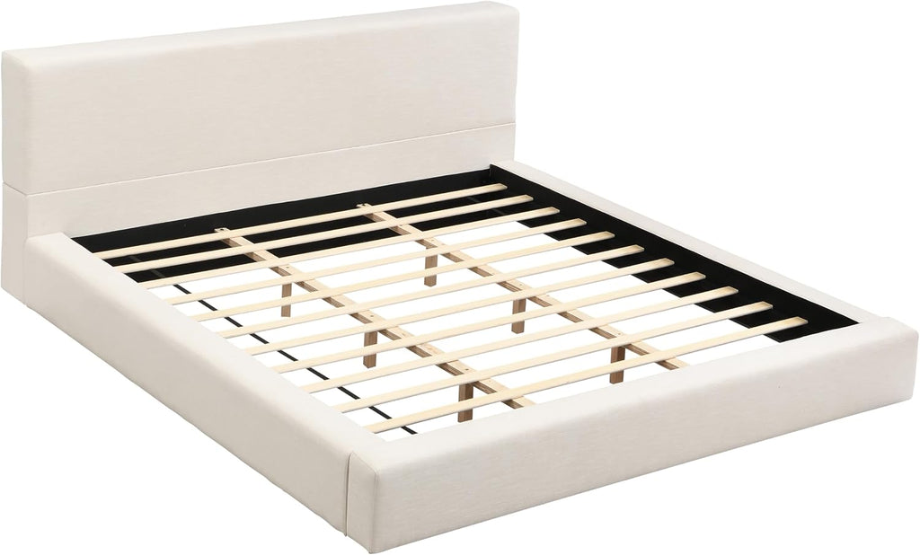 Merax King Size Bed Frame, 95" L x 88" W Upholstered Platform Bed with 8" Thick Linen Headboard & Footboard, Sturdy Wood Slat Support, No Box Spring Needed, Easy Assembly, Beige