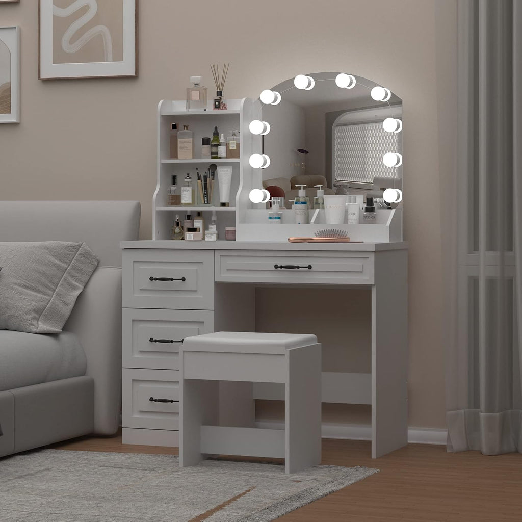 Vabches Vanity Desk with Mirror and Lights,Makeup Vanity Set for Bedroom | White Dressing Table 3 Lighting Colors, 4 Drawers