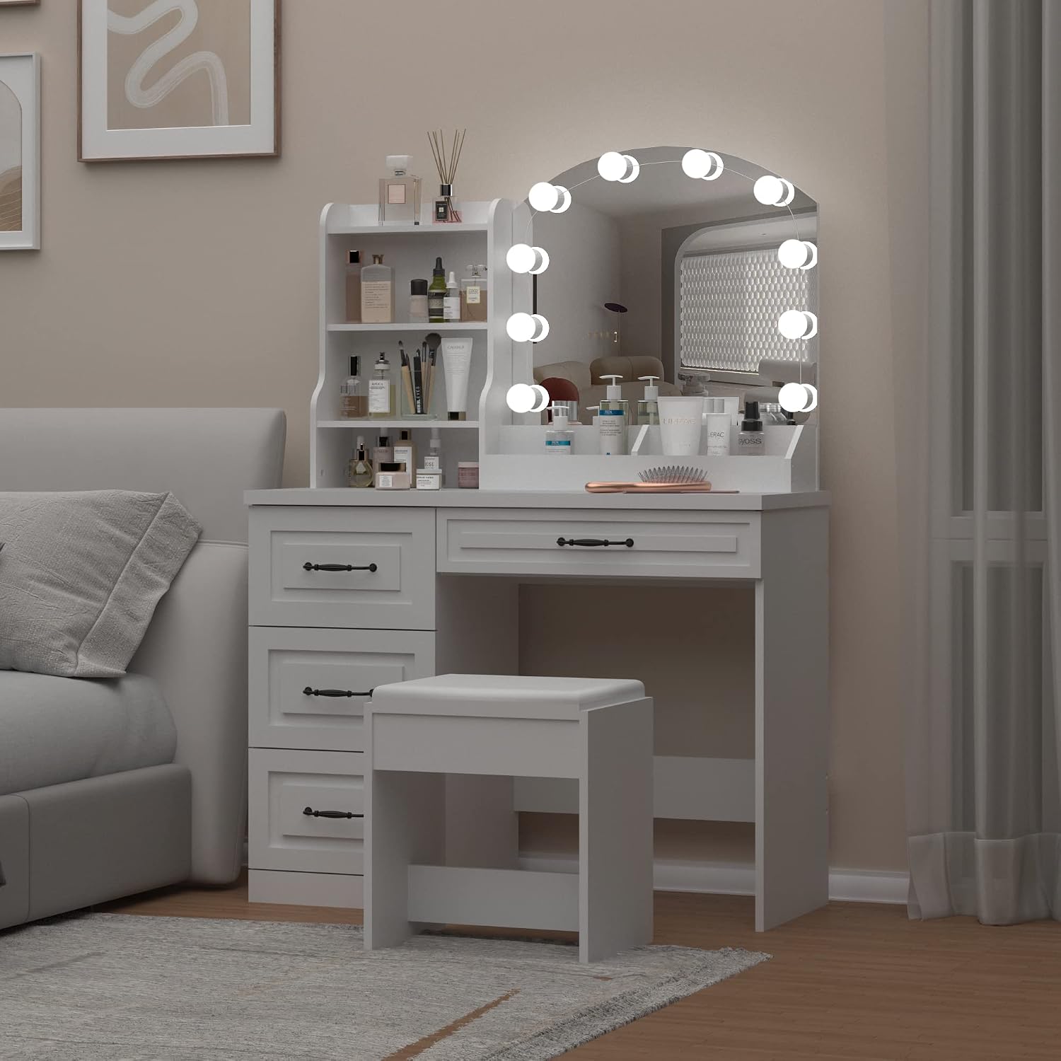 Vabches Vanity Desk with Mirror and Lights,Makeup Vanity Set for Bedroom | White Dressing Table 3 Lighting Colors, 4 Drawers
