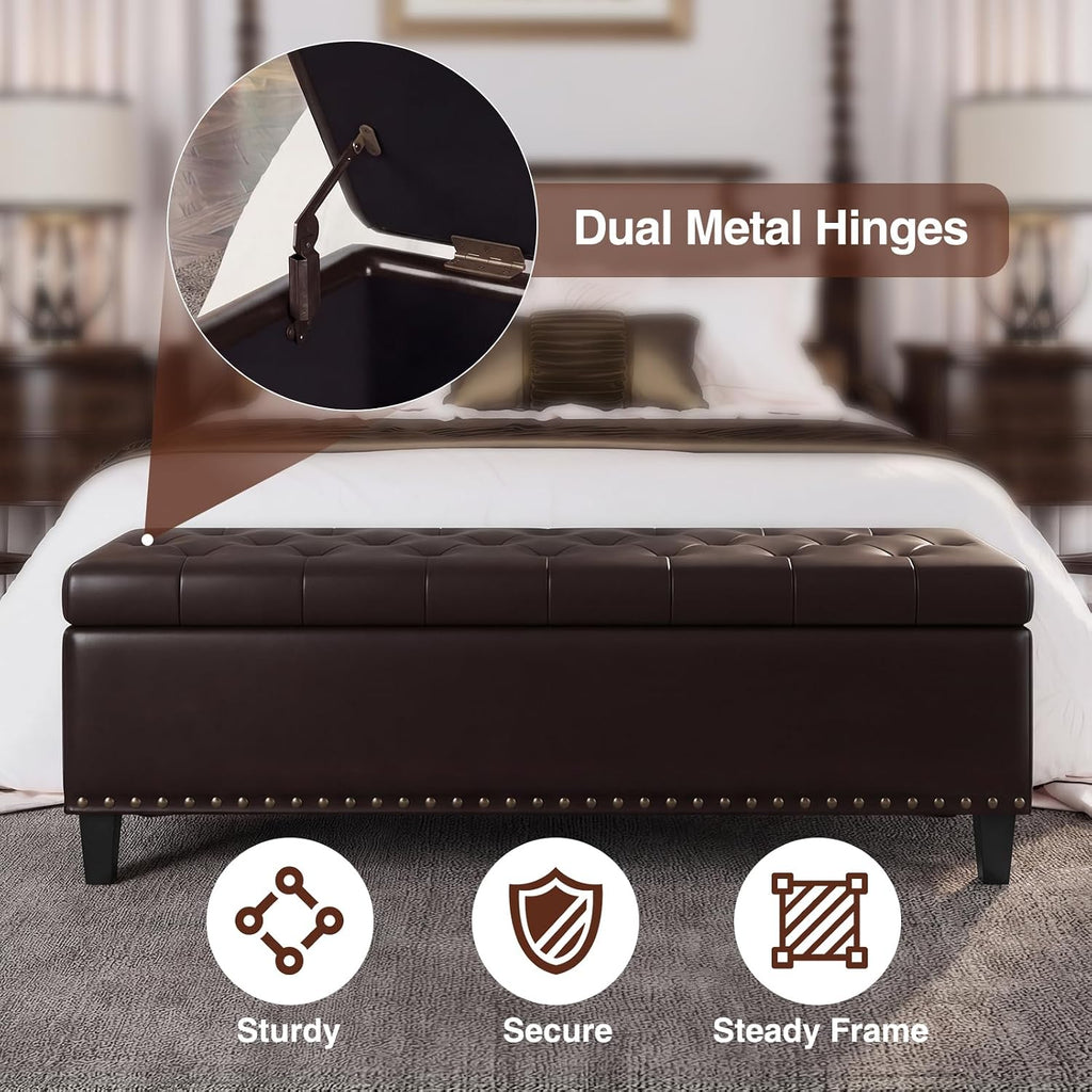 FiveWillowise 51 Inch Storage Ottoman Bench,Large End of Bed Storage Bench | Faux Leather Ottoman with Storage,30 Gallons,Upholstered,with Nailhead Trim,Legs,for Bedroom,Living Room,Entryway,Chocolate