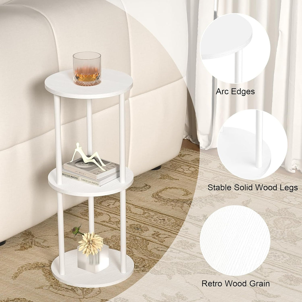 11.8'D Round Drink Table - 3-Tier Small Side Table with Wood Legs, End Table for Small Space, Balcony & Office | Space-Saving, Multi-Functional (Plants, Books, Drinks), White