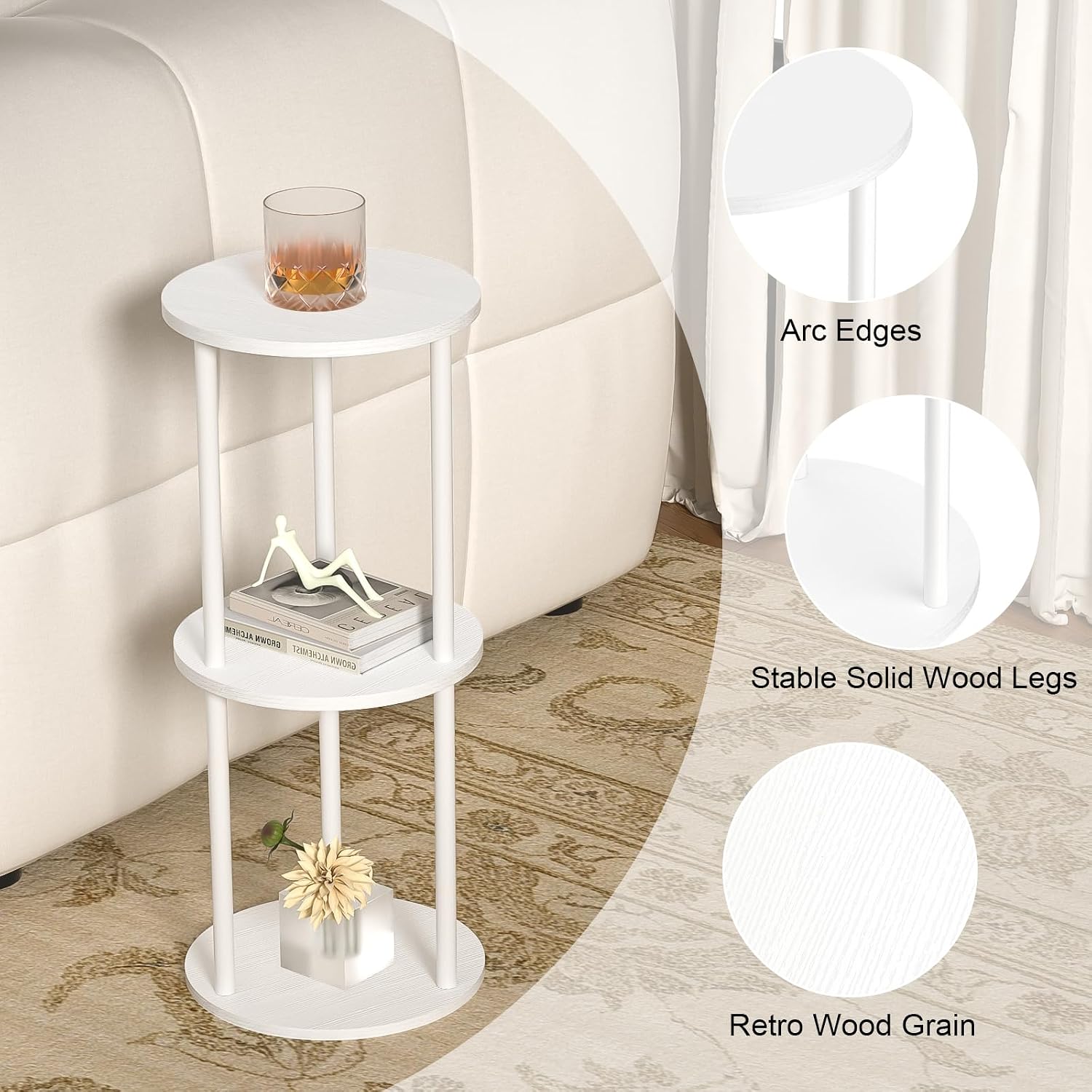 11.8'D Round Drink Table - 3-Tier Small Side Table with Wood Legs, End Table for Small Space, Balcony & Office | Space-Saving, Multi-Functional (Plants, Books, Drinks), White