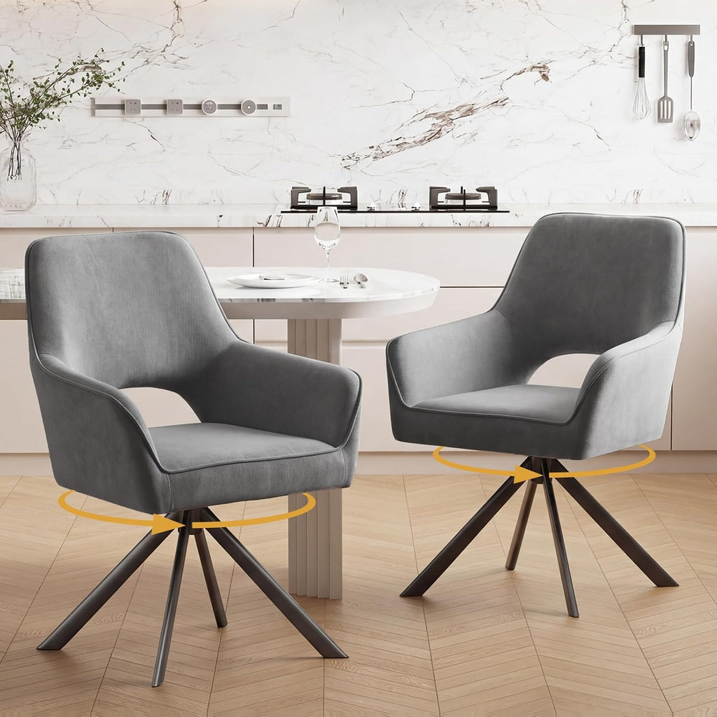 Furniliving Modern Swivel Dining Chairs Set of 2, Upholstered Chenille Dining Room Chairs with Thicken Cushion, 360° Rotating Kitchen Chairs with Metal Legs for Dining Room