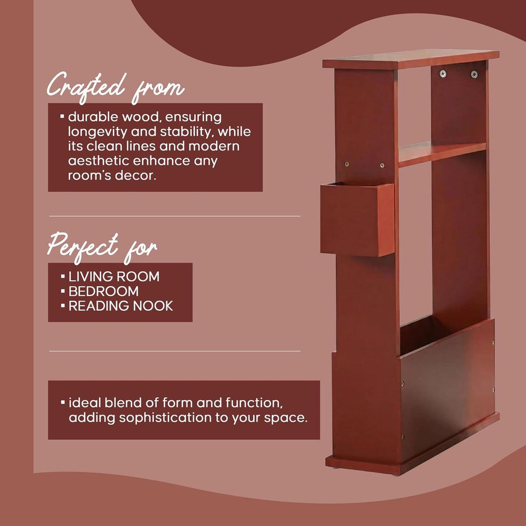 Kings Brand Furniture Narrow Side Table with Storage Shelf, Slim End Table with Magazine & Remote Holder, Small Space Bedside Table for Living Room or Bedroom, Red