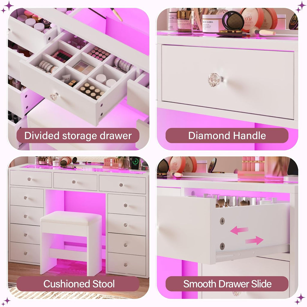 CollaredEagle 45" Large White Vanity Desk with Vibrant RGB Lighting. | 11 Hollywood Style Bulbs, 11 Drawers, Power Outlet, Hair Dryer Holder, Cushioned Stool, Tempered Glass