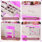 CollaredEagle 45" Large White Vanity Desk with Vibrant RGB Lighting. | 11 Hollywood Style Bulbs, 11 Drawers, Power Outlet, Hair Dryer Holder, Cushioned Stool, Tempered Glass