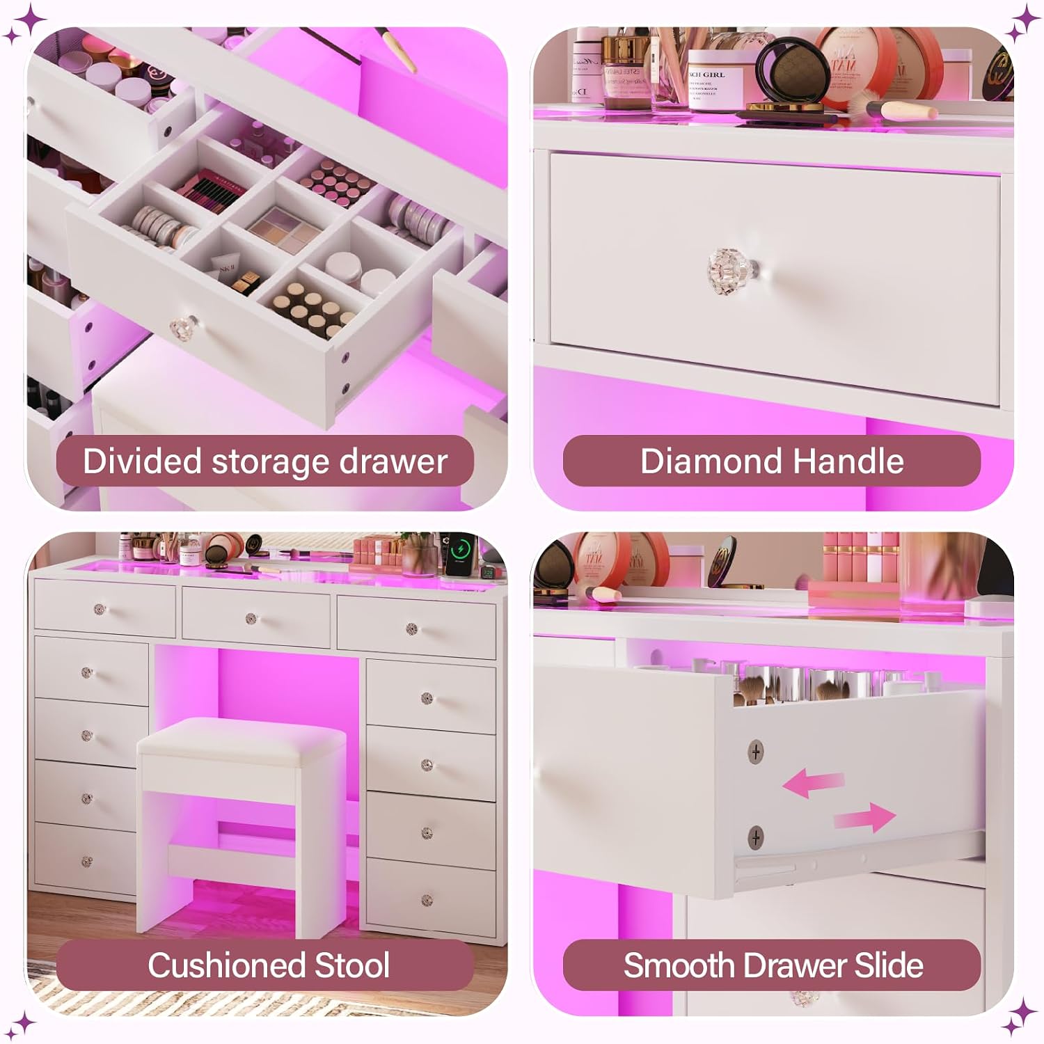 CollaredEagle 45" Large White Vanity Desk with Vibrant RGB Lighting. | 11 Hollywood Style Bulbs, 11 Drawers, Power Outlet, Hair Dryer Holder, Cushioned Stool, Tempered Glass