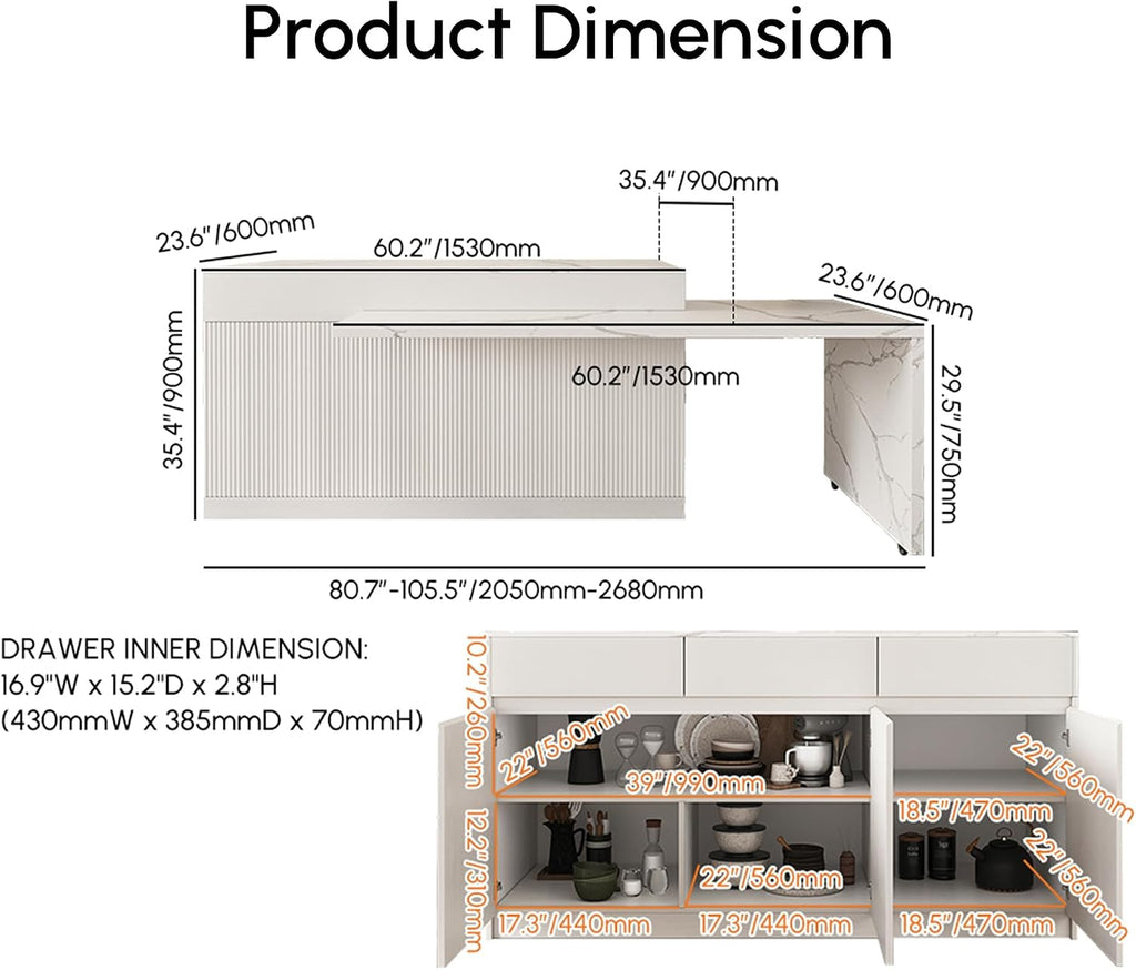 homary Extendable Kitchen Island with Storage 81"-106", White, Wood Top, Stationary Large Kitchen Cabinet with 3 Drawers, Adjustable Shelves & Pull-Out Kitchen Tables for Dining Room