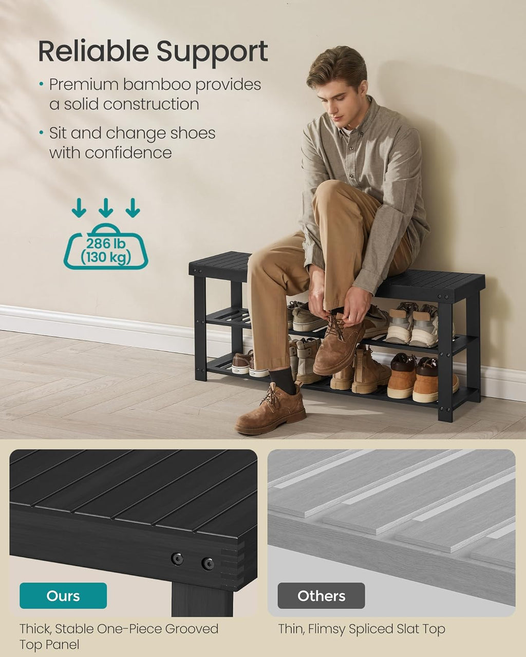 SONGMICS Shoe Rack Bench, 3-Tier Bamboo Shoe Storage Organizer, Entryway Bench, Holds Up to 286 lb, 11.3 x 42.9 x 17.8 Inches, for Entryway Bathroom Bedroom, Ink Black ULBS110B101