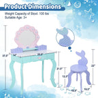 BRINJOY Kids Vanity with Lighted Mirror and Chair | Wooden Princess Vanity for Girls, 2 in 1 Ocean Theme Children Dressing Table Set, Little Girl Makeup Vanity with Mirror Gift