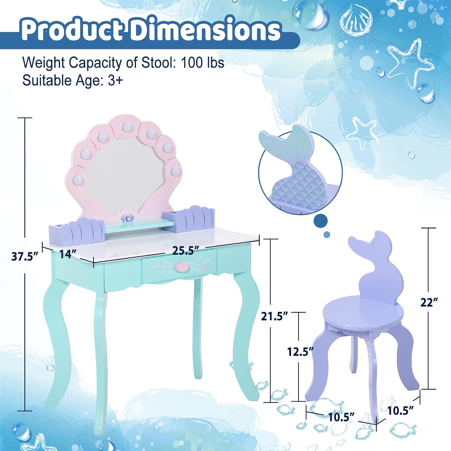 BRINJOY Kids Vanity with Lighted Mirror and Chair | Wooden Princess Vanity for Girls, 2 in 1 Ocean Theme Children Dressing Table Set, Little Girl Makeup Vanity with Mirror Gift