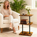 Swivel Side Table Adjustable Height, 3-Tier End Table with 360°Rotatable Tray, Space Saving Nightstand with Storage Shelf for Small Spaces, Living Room, Bedroom