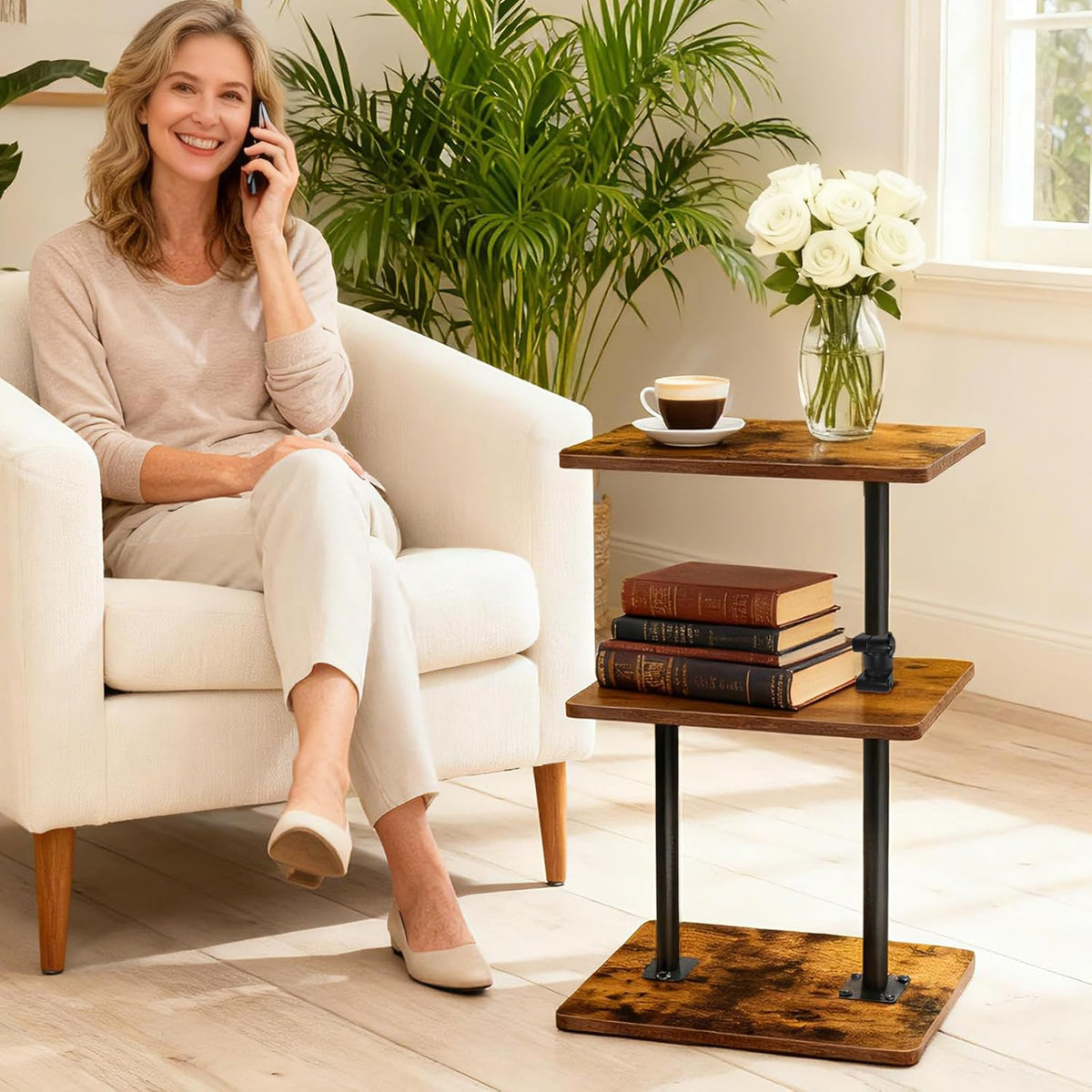 Swivel Side Table Adjustable Height, 3-Tier End Table with 360°Rotatable Tray, Space Saving Nightstand with Storage Shelf for Small Spaces, Living Room, Bedroom