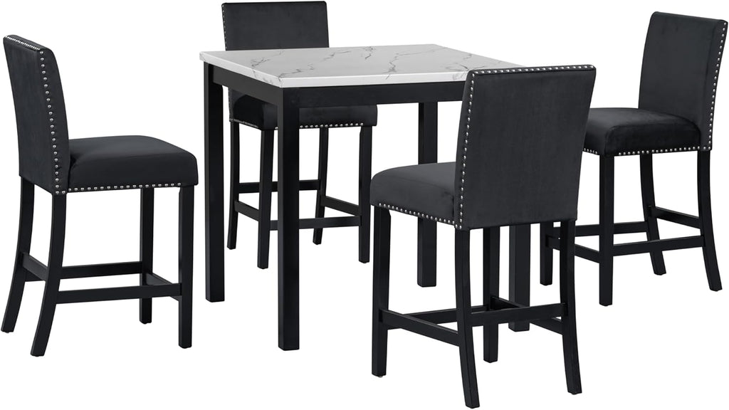 Merax Dining Table Set, 5 Piece Counter Height Dining Table Set with Faux Marble Dining Table and 4 Upholstered-Seat Chairs, Dining Room Table Set for Kitchen/Living Room, Black