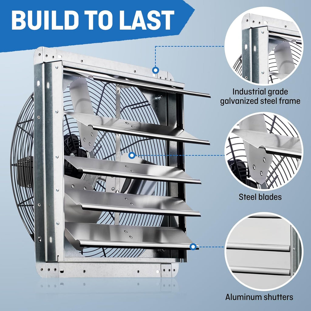 iLIVING 18" Wall Mounted Shutter Exhaust Fan, Automatic Shutter, with Thermostat and Variable Speed controller, 0.85A, 1736 CFM, 2600 SQF Coverage Area Silver (ILG8SF18V-ST)